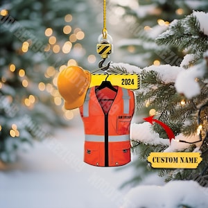 Personalized Construction Worker Ornament: Heavy Equipment Safety Vest Christmas Decor