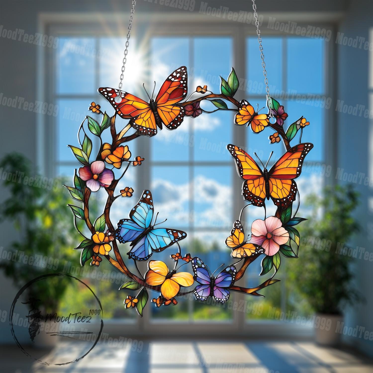 Butterfly Tree Window Hanging, Faux Stained Glass Suncatcher, Vibrant Nature Decor, Lightweight Hanging Art, Unique Gift for Home