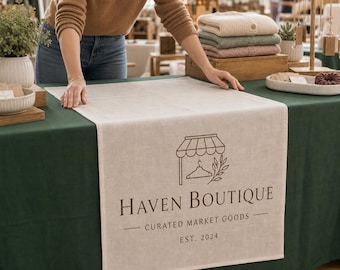 Custom Linen Table Runner with Logo, Vendor Table Runner, Personalized Business Table Cover, Trade Show Booth Decor, Market Display Banner