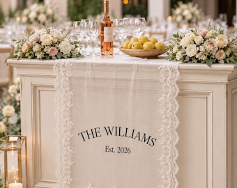 Camino de mesa de encaje personalizado para bodas, pancarta personalizada con el nombre de la familia y el año de fundación, cartel de bienvenida para bodas.