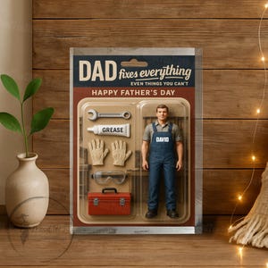 Könnte beinhalten: Ein Geschenkset zum Vatertag mit einer Spielfigur eines Mannes in blauen Overalls, einem Schraubenschlüssel, Fett, Arbeitshandschuhen, einer Schutzbrille und einer roten Werkzeugkiste. Die Verpackung trägt die Aufschrift "DAD fixes everything" und "HAPPY FATHER'S DAY".
