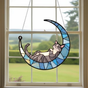 Cat On Moon Acrylic Window Hanging, Cat Memorial Gifts Loss, Pet Memorial Gifts, Cat Loss Gifts, Pet Sympathy Gift, Cat Art Gift, Cat Mom.