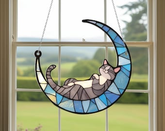 Cat On Moon Acrylic Window Hanging, Cat Memorial Gifts Loss, Pet Memorial Gifts, Cat Loss Gifts, Pet Sympathy Gift, Cat Art Gift, Cat Mom.