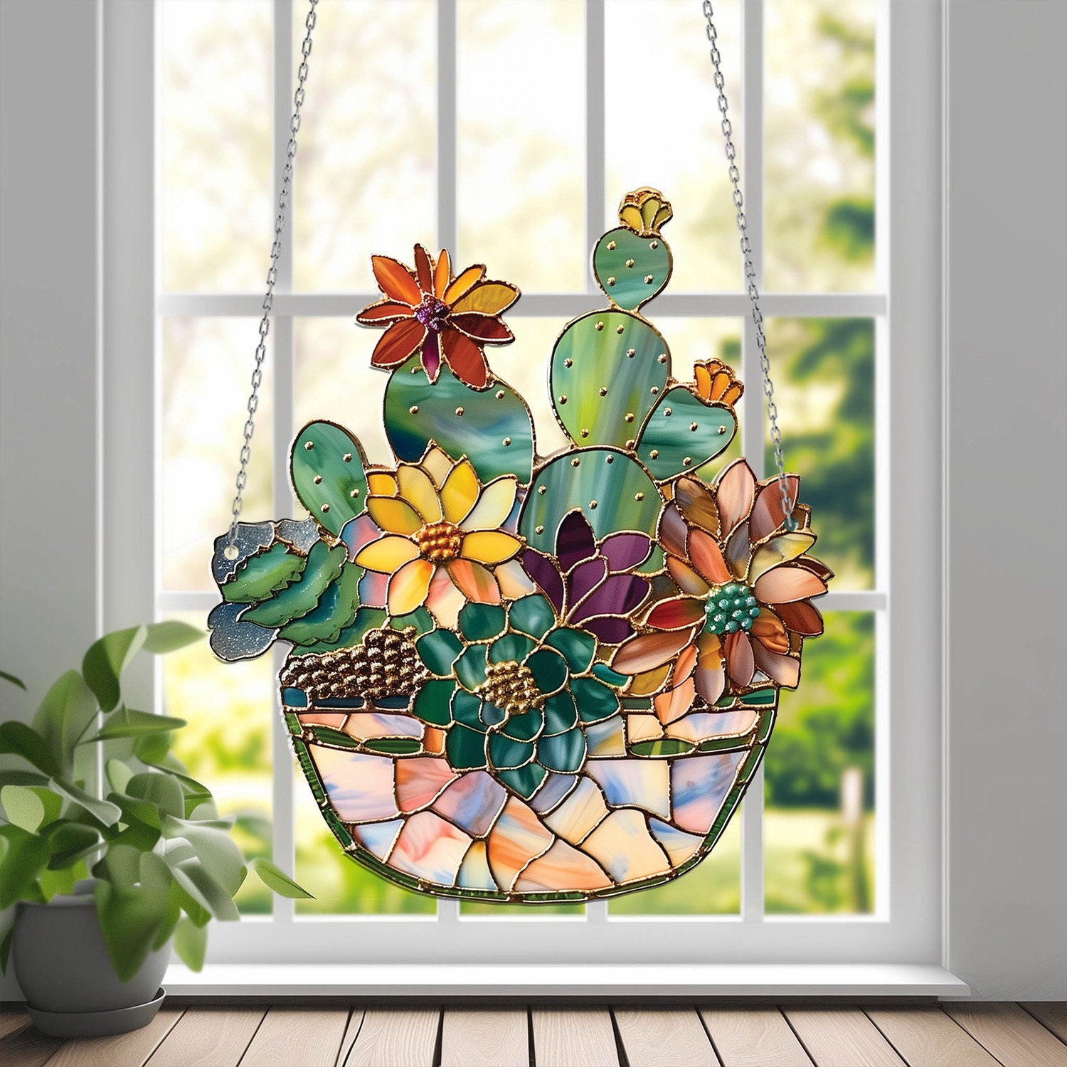 Vitrail Fait Main Décor Désert Sud-ouest - Cactus, 19 Pouces - À Suspendre (petites Fêlures)