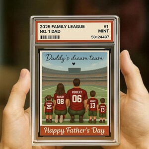 Placa de acrílico personalizada estilo cartão colecionável do time dos sonhos do papai de futebol americano nº 1, pai, homem e filhos sentados, presente para pai e marido