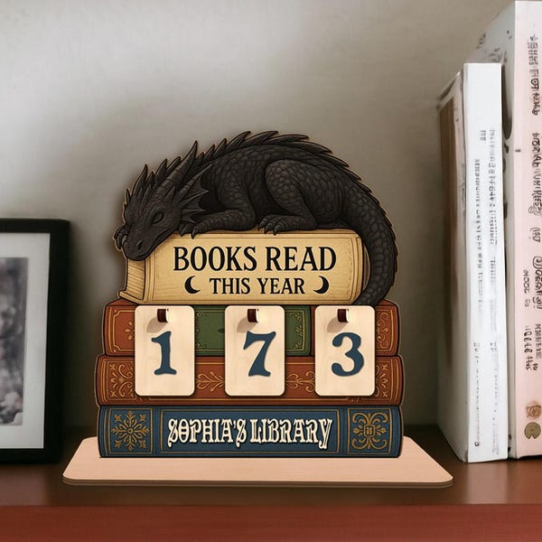 Personalized Dragon Book Tracker Sign, Wooden Reading Goal Board