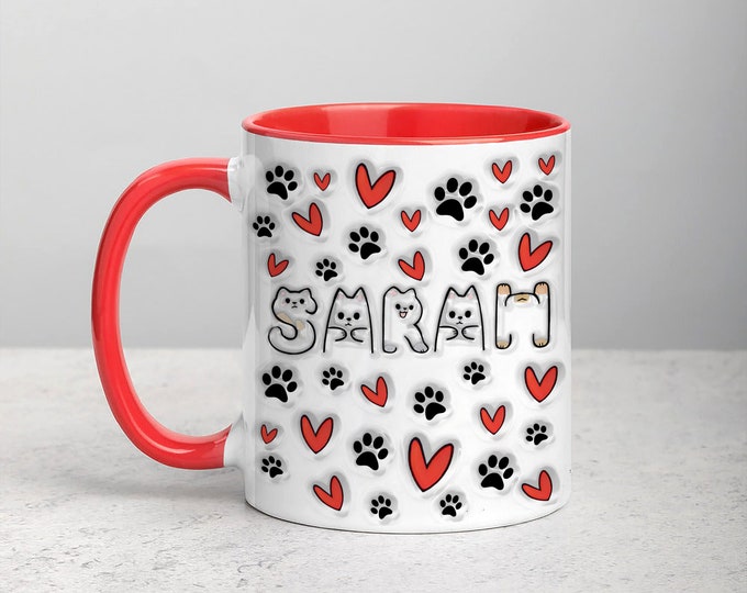 Personalized 3D Inflated Effect Mug With Cat Alphabet, Coffee Mug For Cat Lover, Cat Owner Mug, Walking Fluffy Cats,Custom Mug For Pet Lover