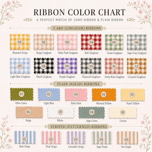 Puede incluir: Una carta de colores de cintas que muestra tres categor&iacute;as: cintas de cuadros vichy, lisas y a rayas. Cada muestra est&aacute; numerada y etiquetada con su nombre de color espec&iacute;fico, incluyendo mostaza, beige, rosa, rojo, verde, azul y negro.