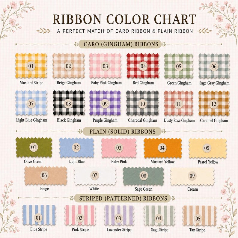Puede incluir: Una carta de colores de cintas que muestra tres categor&iacute;as: cintas de cuadros vichy, lisas y a rayas. Cada muestra est&aacute; numerada y etiquetada con su nombre de color espec&iacute;fico, incluyendo mostaza, beige, rosa, rojo, verde, azul y negro.