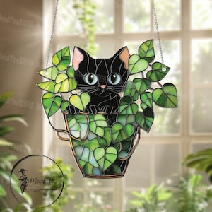 植木鉢に入った黒猫のアクリル窓掛け、かわいいサンキャッチャー、猫好きへのギフト、植物の室内装飾、緑の窓アート、心地よいアクセント