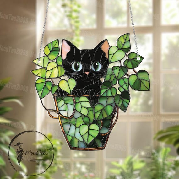 Two Black Cats In Frame Stained Glass Window Hanging Suncatcher . Gift