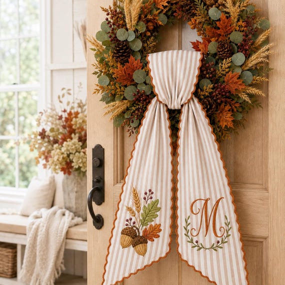 Personalized Fall Wreath Sash, Monogrammed Autumn Door Decor, Embroidered Acorn Accent
