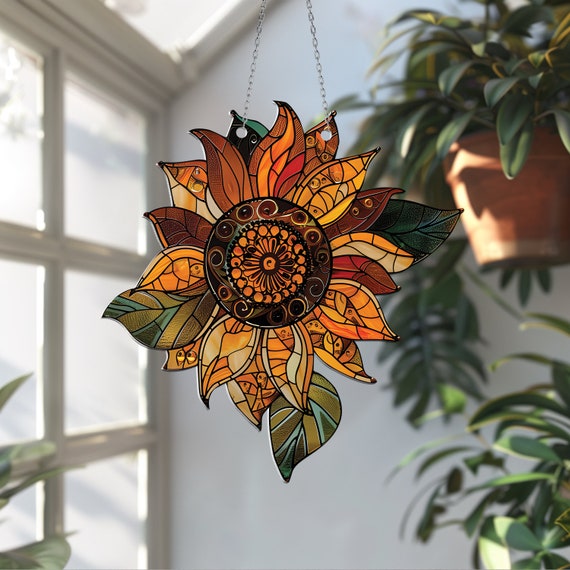 HOTIYOK Acryl-Fensterbehang Sonnenblumen & Schmetterlinge – Buntglas-Optik, Mit Saugnäpfen/Ketten, Als Geschenk