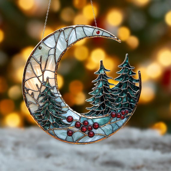 Crescent Moon Tree Acrylic Window Ornament: Winter Pine, Red