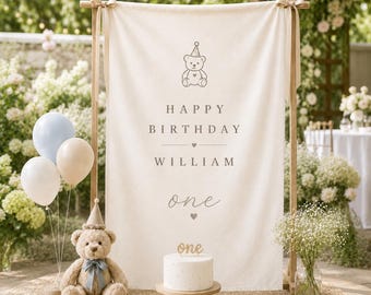 Personalized Birthday Banner, Minimal Party Backdrop, Name Birthday Decor Sign, Custom Kids Birthday Tapestry