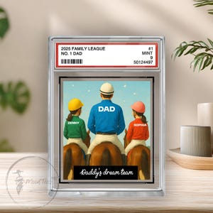 Pferderennen Daddys Dream Team Nr. 1 Dad Man & Kids Sammelkarte Stil personalisierte Acrylblock, Pferderennen Geschenk, Vatertagsplakette
