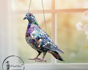 Mosaic Pigeon Window Hanging: Colorful Acrylic Bird Ornament