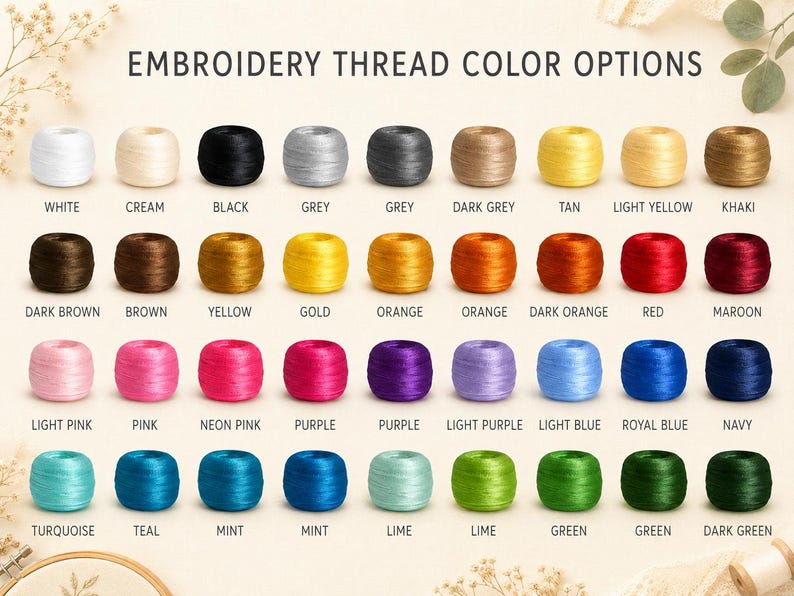 Puede incluir: Una carta de colores titulada EMBROIDERY THREAD COLOR OPTIONS que muestra cuarenta y cuatro carretes de hilo individuales dispuestos en cuatro filas. Cada carrete est&aacute; etiquetado con su nombre de color, desde blanco, negro y gris hasta tonos vibrantes de rojo, azul, verde y rosa.