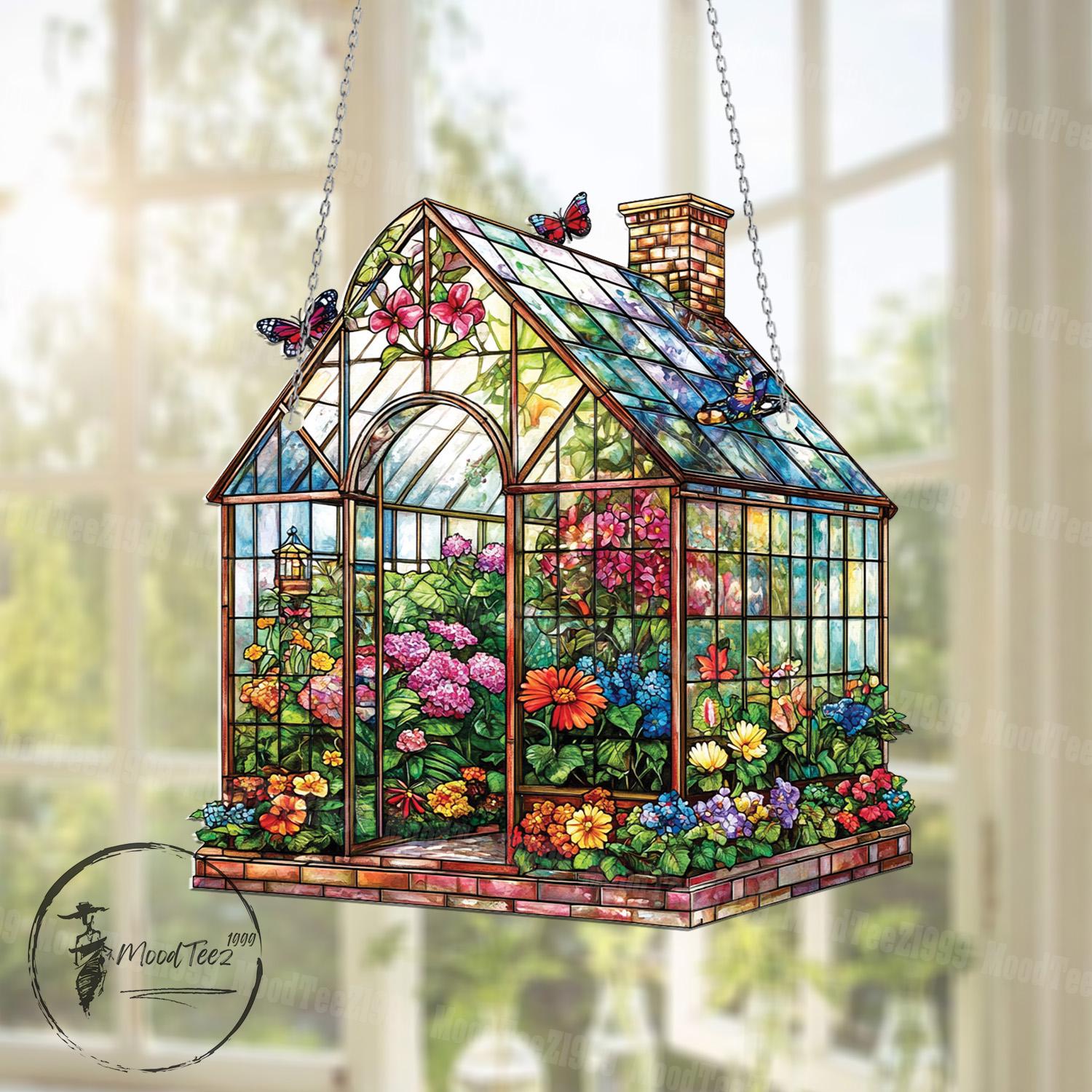 Floral Greenhouse Acrylic Window Hanging: Botanical Garden Decor