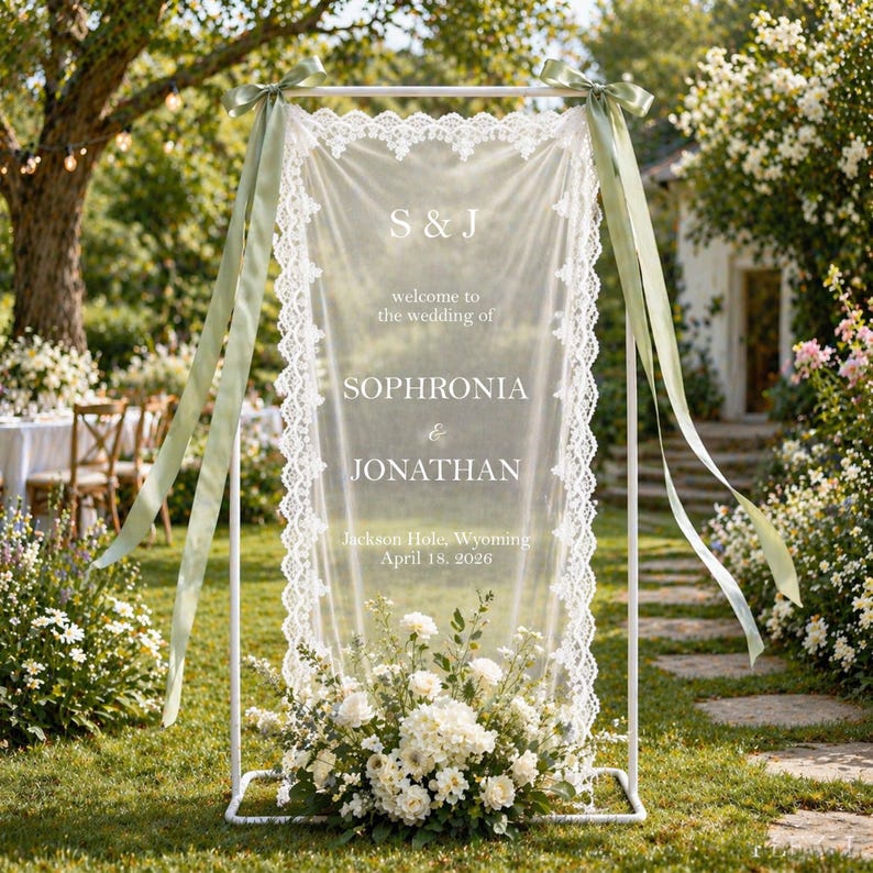Lace Wedding Welcome Sign, Sheer Fabric Wedding Banner, Custom Names ...