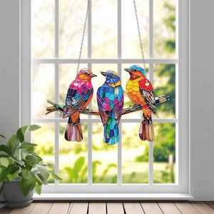 Drei kleine Vögel auf Ast Acryl Fensterbehang, Vogel Dekor für Zuhause, Geschenk für Vogelliebhaber, Geschenk für Kolibri Liebhaber, Vogeldekoration