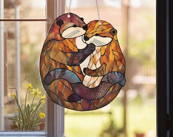 Otter Couple hugging acrylic window hanging, Otters Hanging Decor, Couple gift, Anniversary gift, gift for wife, Gift For Otter Lovers