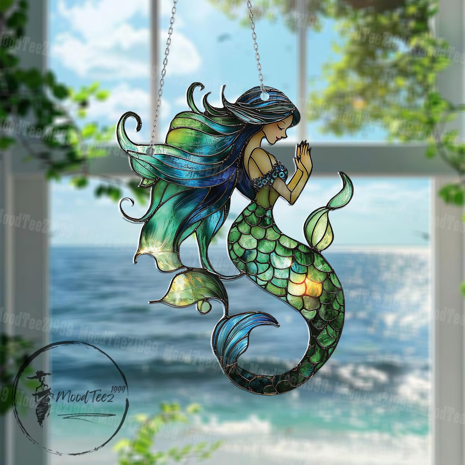 Mermaid Window Hanging, Ocean-Inspired Mermaid Decor, Boho Sea Art, Colorful Mermaid Sun Catcher, Unique Coastal Home Gift