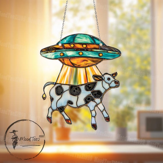 UFO Cow Abduction Window Hanging: Funny Alien Decor