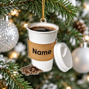 Personalized Coffee Cup Acrylic Ornament, Custom Name Christmas Tree Decor, Coffee Lover Gift, Takeout Cup with Coffee Beans