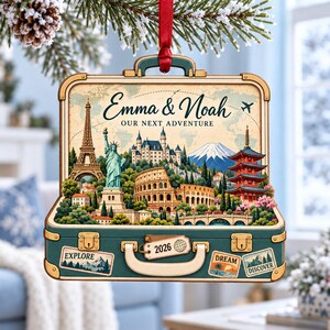 Personalized Travel Wooden 2 Layer Ornament, Suitcase with Names and Year, World Landmarks Christmas Keepsake, Gift for Traveling Couples