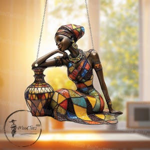 Elegant African Woman Window Hanging, Vibrant Decorative Piece, Colorful Art, Home Office Decor, Handcrafted Wall Hanging, Beautiful Artwork