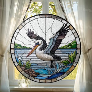 Colgante de ventana de vidrio con forma de pelícano: hermosa escena costera con diseño de pelícano en vuelo: decoración náutica única para el hogar