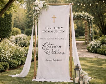 Personalized Linen First Holy Communion Banner, Catholic Welcome Sign Backdrop Decor