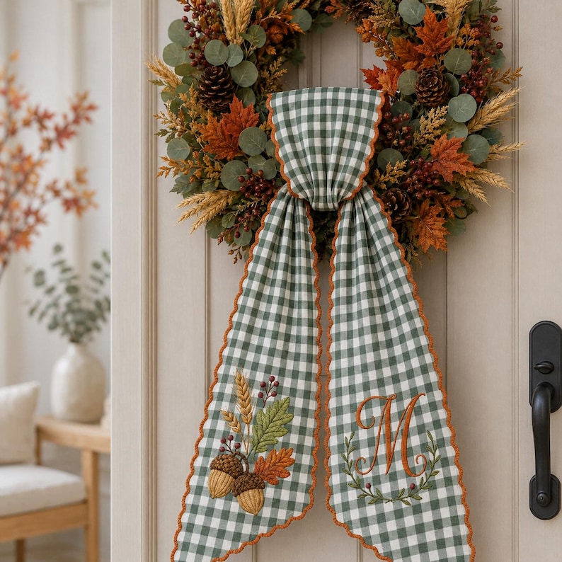 Puede incluir: Una corona de oto&ntilde;o con pi&ntilde;as, trigo y hojas naranjas, adornada con un colgante de tela de cuadros verdes y blancos. La tela presenta bellotas y trigo bordados en un lado y una letra M monogramada en el otro lado.