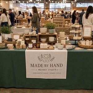 May include: A vendor display table covered with a dark green tablecloth featuring a central white runner with the text MADE BY HAND MARKET STUDIO. The table holds various ceramic bowls, mugs, candles, and soap bars arranged in baskets and on wooden crates.