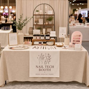 May include: A nail technician booth setup featuring a beige tablecloth with a banner reading NAIL TECH BOOTH BOOK YOUR SET TODAY. The table displays various nail polish bottles, metal tools, a color swatch wheel, and a nail tip display board.