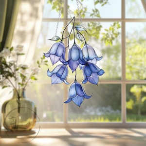 Colgante de ventana acrílico con flor de campanilla azul: elegante decoración botánica