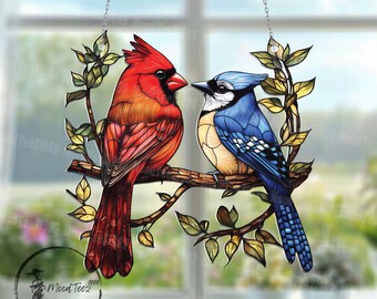 カーディナルとブルージェイのアクリル製窓飾り：鳥好きへのギフト