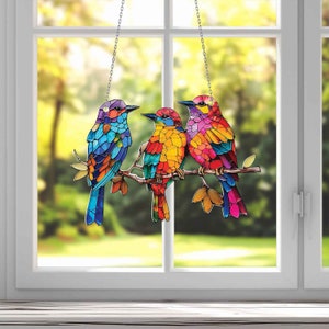 Acrylic Bird Window Hanging: Three Birds on Branch, Colorful Home Decor ...