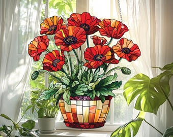 Red Poppy Flower Acrylic Window Hanging: Faux Stained Glass Decor