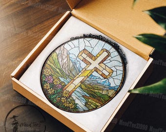 SALE‼️ウィストミンスター クリスタルアート 94×44cm Stained Glass Cross Suncatcher: Scenic Mountain & Floral Window