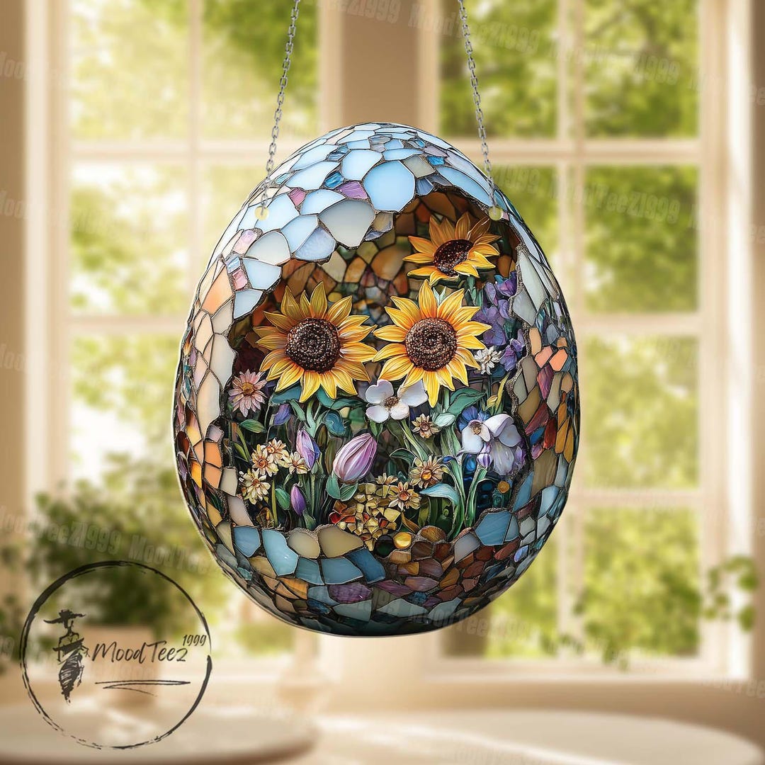 Mosaïque Artisanale Suspendue Sur Fenêtre Avec Tournesols, Décoration