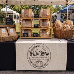 May include: A farmer's market display featuring various sourdough breads in paper packaging. A wooden shelf holds loaves labeled "Original," "Rosemary Sea Salt," "Jalapeño Cheddar," and "Oakleigh." A basket contains round loaves. The table has a "Wild Crumb" logo.