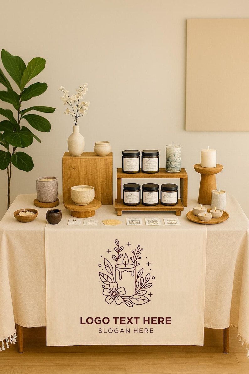 May include: A display of candles and home decor items on a table covered with a cream-colored tablecloth. The table features various candles, wooden stands, and small decorative bowls. The tablecloth has a floral candle logo.
