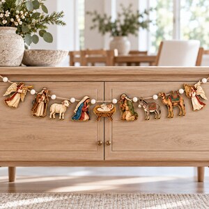 Nativity Christmas Wooden Garland, Baby Jesus and Holy Family Banner with Angels, Christian Mantel Decor, Religious Christmas Gift