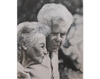 Harmony in Monochrome: A Timeless Journey. Print of oil painting on canvas, figurative painting.Old couple. portrait.