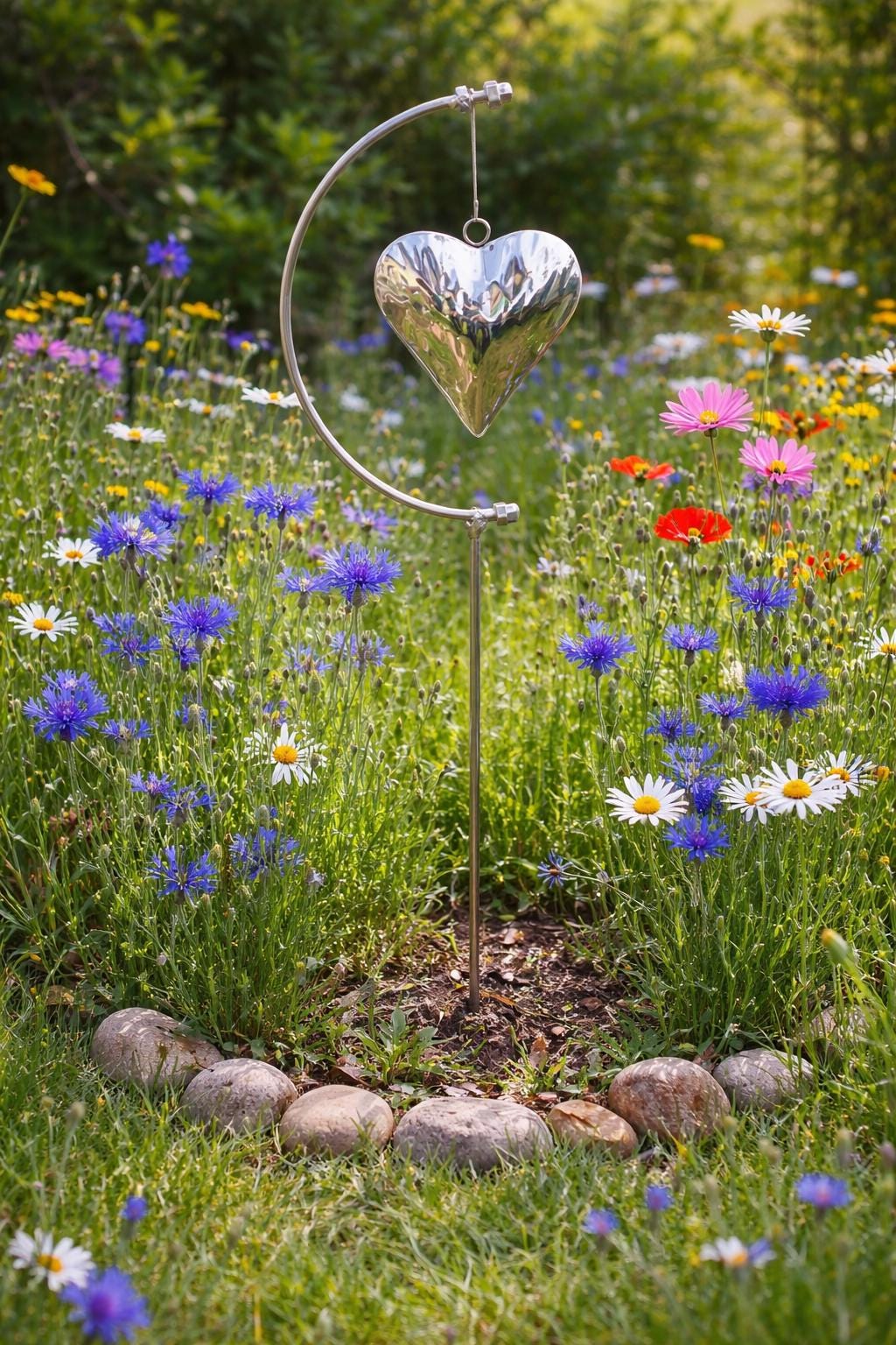 Gartendeko Gartenstecker Edelstahl neu Windspiel Herz Garten Deko Grab Edel Pflanzkübel Grabschmuck Fichtel Wichtel Valentinstag