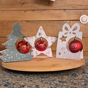 Décoration Porte Boule de Noël 57 mm. (3 modèles)  Fichier de découpe 3d , svg, pdf, ai, bmp, dxf, studio3.   Téléchargement  instantané.