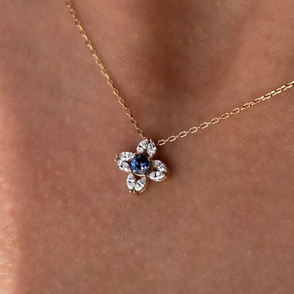 Collar de flor de zafiro y diamante – Oro macizo de 14 quilates – Joyería floral fina – Regalo de aniversario para ella