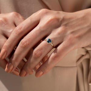 14K Gold London Blue Topaz Diamond Halo Ring - Vintage Design